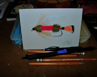 Arte original de pesca con mosca: pintura al pastel, decoración de cabaña (14 x 19 cm)