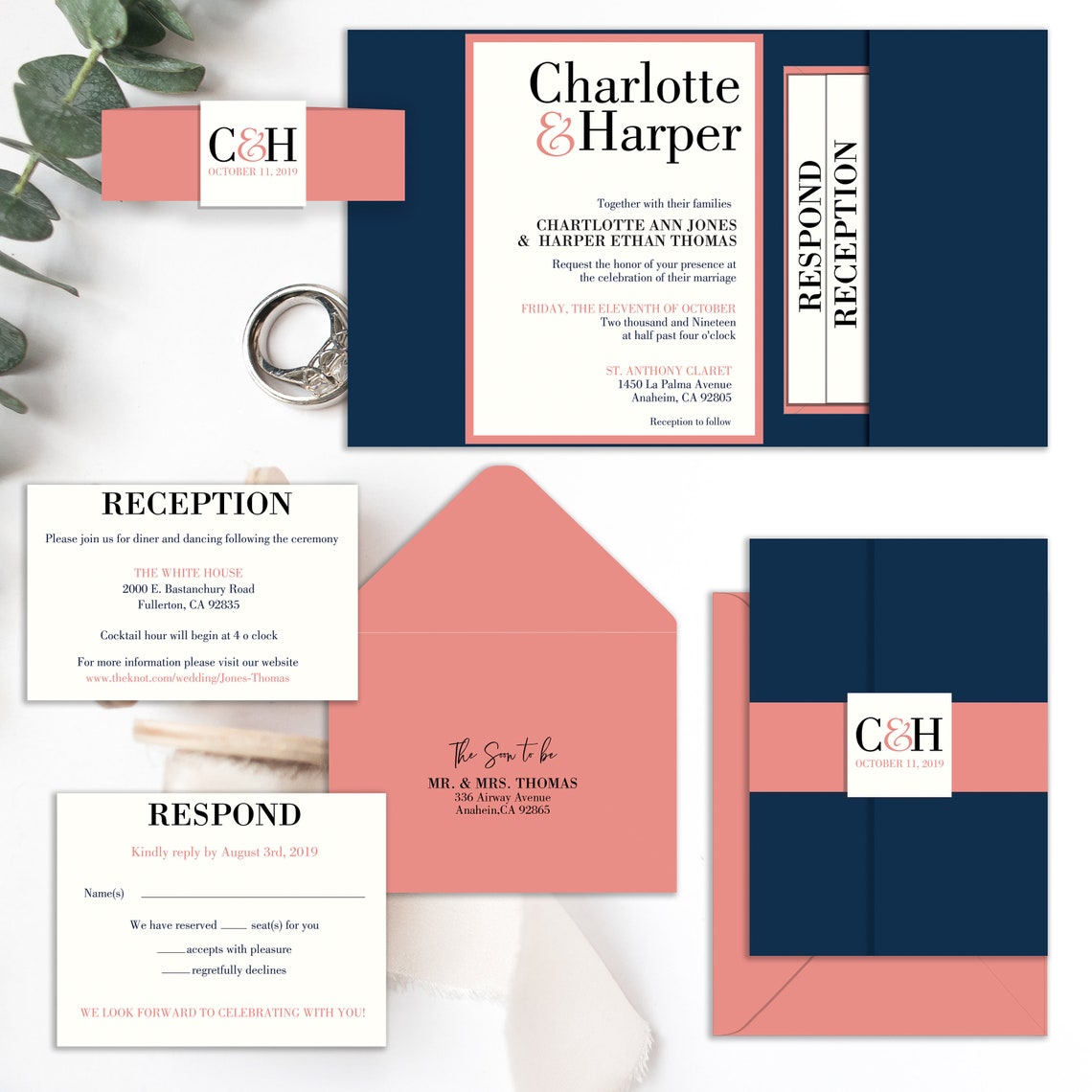 Navy and Coral Pocket Invitations, Navy and Coral Wedding Invitations