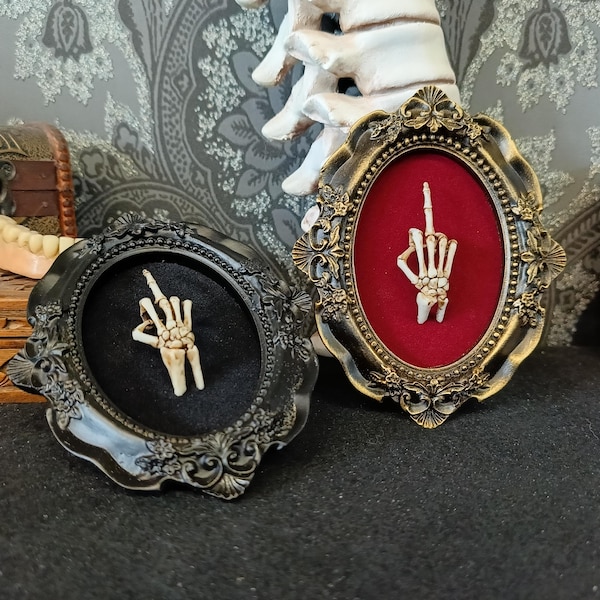 The finger, framed miniature realistic 3D human skeleton hand available in 2 colors - 3D Gothic Wall Art