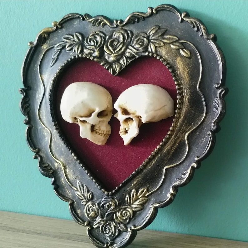 True love is forever framed miniature realistic human skulls Til death do us part 3D Gothic Wall Art image 4