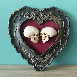 True love is forever - framed miniature realistic human skulls - Til death do us part - 3D Gothic Wall Art