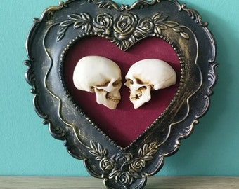 True love is forever - framed miniature realistic human skulls - Til death do us part - 3D Gothic Wall Art