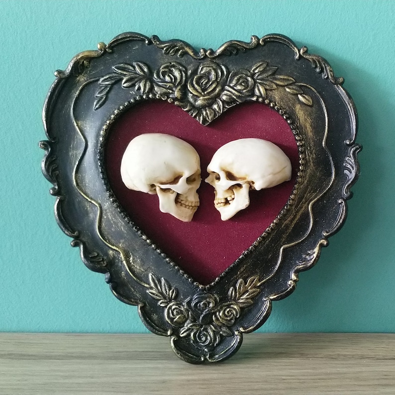 True love is forever framed miniature realistic human skulls Til death do us part 3D Gothic Wall Art image 1