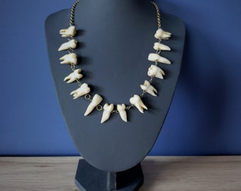 Colar de dentes humanos envelhecidos em corrente de bronze