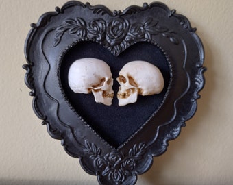 True love is forever - framed miniature realistic human skulls - Til death do us part - 3D Gothic Wall Art
