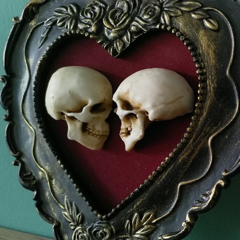 True love is forever framed miniature realistic human skulls Til death do us part 3D Gothic Wall Art image 2