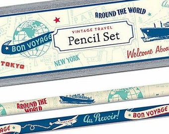Cavallini Vintage Travel Pencil Set - Around the World - Travel Themes - Bon Voyage -  2 Classic Designs - 10 Pencils in a Metal Case