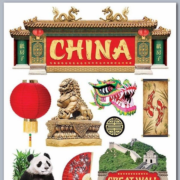 3D China Stickers - by Paper House - Chinese Emblems - Landmarks - Great Wall - Gold Foil Accents - Incl 14 Stickers - 3-Dimensional