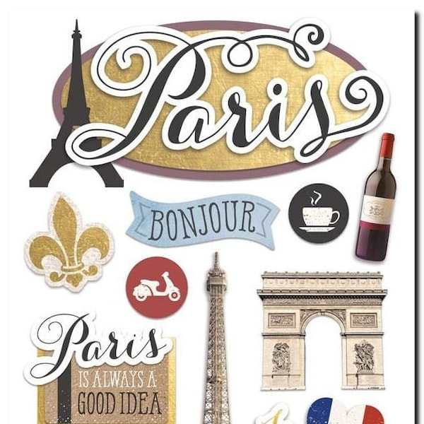 New 3D Paris  Stickers - by Paper House - Emblems - Landmarks - France - Eiffel Tower - Includes 13 Stickers - 3-Dimensional