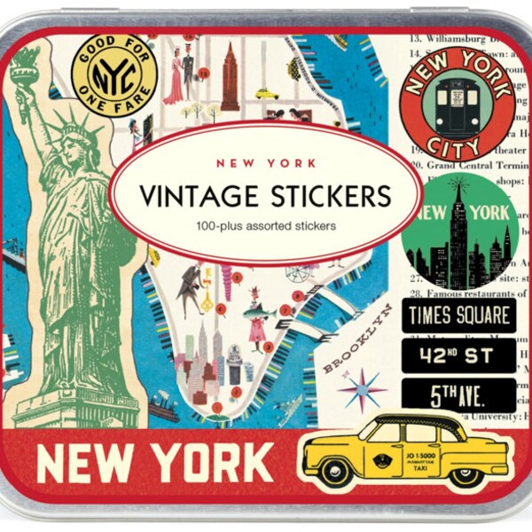 Vintage New York City Stickers - Cavallini & Co - 100 Retro Luggage Label or Craft Stickers - Big Apple - City Landmarks - in Metal Tin