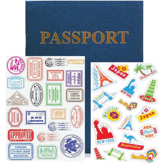 Passport Journal and Stickers Blank Notebook 2 International Sticker Sheets  Small Size Kids or Adults Trip Diary Travel Gift 
