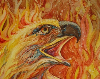 May include: A close-up of a watercolor painting of a bird's head with its beak open, surrounded by yellow, orange, and red flames. The bird's eye is visible and has a blue and brown color scheme.