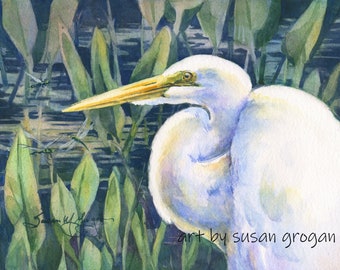 Egret Watercolor Painting, Florida Bird Art
