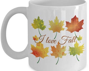 I Love Fall mug, Falling Leaves mug, colorful autumn mug, autumn kitchen decor, personalized coffee mug