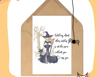 Miss you card Witchy Card Witch theme Long distance friendship for bestie Best friend gift Witch card Fun Halloween card witchy Decor