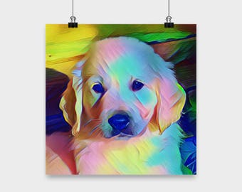 Affiche, mignon chiot golden retriever chiot, labrador, coloré, artistique, cadeau pour les amateurs de chiens de chiens