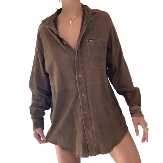 Façonnable, Vintage VTG Faconnable Brown Suede Leather Long Sleeved Button Down Collared Shirt Jacket - Size Large