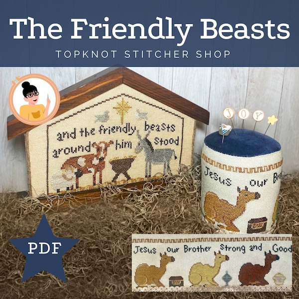 The Friendly Beasts - Nativity Scene & Camel Drum Pinkeep | Cross Stitch Pattern PDF instant download TopKnot Stitcher Shop