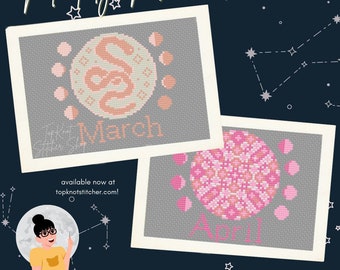 Luna de gusano de marzo y luna rosa de abril - Serie mensual de luna llena #2 / Patrón de punto de cruz PDF descarga instantánea / TopKnot Stitcher Shop