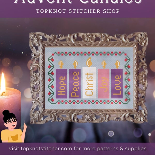 Advent Candles, a Christmas Ornament Cross Stitch Pattern | Cross Stitch Pattern PDF instant download | TopKnot Stitcher Shop