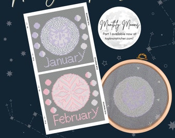 Luna del lobo de enero y luna de nieve de febrero - Serie mensual de luna llena #1 / Patrón de punto de cruz PDF descarga instantánea / TopKnot Stitcher Shop