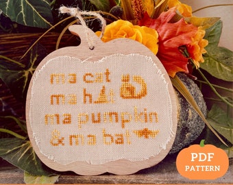 Ma Cat Ma Hat Ma Pumpkin y Ma Bat: TopKnot Stitcher Designs / PDF Patrón de punto de cruz Descarga instantánea ¡Se incluye un gráfico de calabaza alternativo!