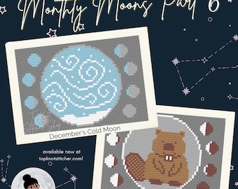 La luna del castor de noviembre y la luna fría de diciembre - Serie mensual de luna llena #6 / Patrón de punto de cruz Descarga PDF / TopKnot Stitcher Shop