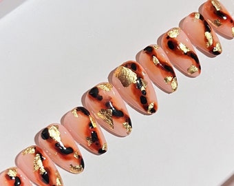 Tortoise Shell Nails, Gold flake nails, press on nails short, glue on nails