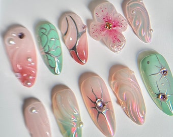 Fairy Nails Press on Nails 3D Gel Nails Cottagecore Press on 