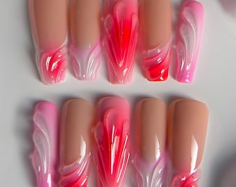 Airbrush 3D Valentine Nails, Love Coquette Press on nails with hearts and bows, pearl cute nails