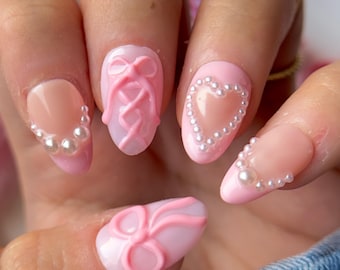 Pink Coquette valentine Nails, Aesthetic Press on nails with hearts and bows, pearl cute nails