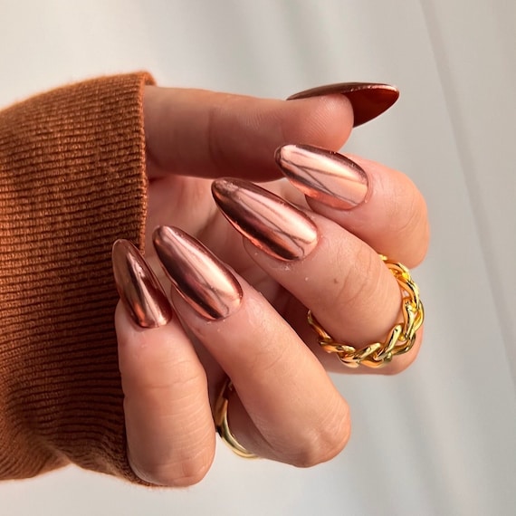 Buy Chrome Nails, Brown Fall Autumn Nails, Nude Nails, Fake Nails Short  Online in India - Etsy