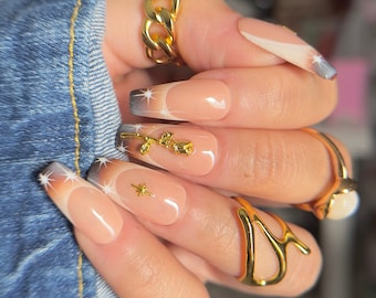Airbrush 3D trendy Nails, Love Coquette Press on nails with hearts and bows, pearl cute nails