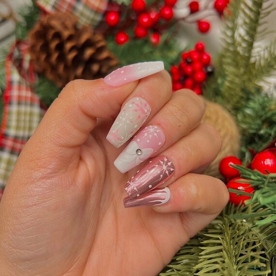 Christmas Nails Pink Ombre Press on Winter Nails With Snowflakes Etsy