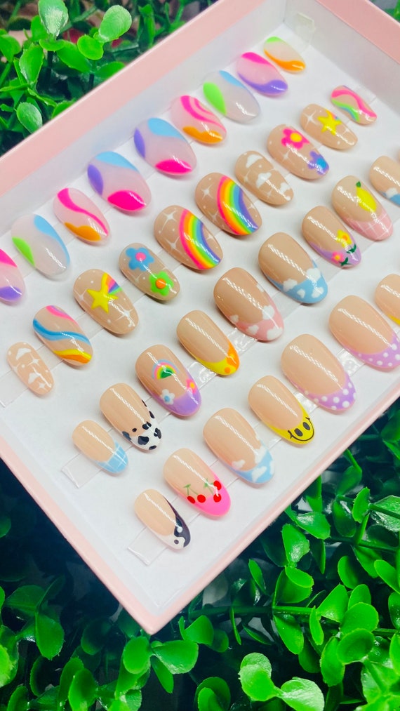 Smiley Summer Nail Set Press On Nailsstiletto Nails False Etsy Australia