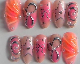 Hand-Painted Airbrush Press-On Nails, Pink Hearts, Bows, Stars, Coquette Style