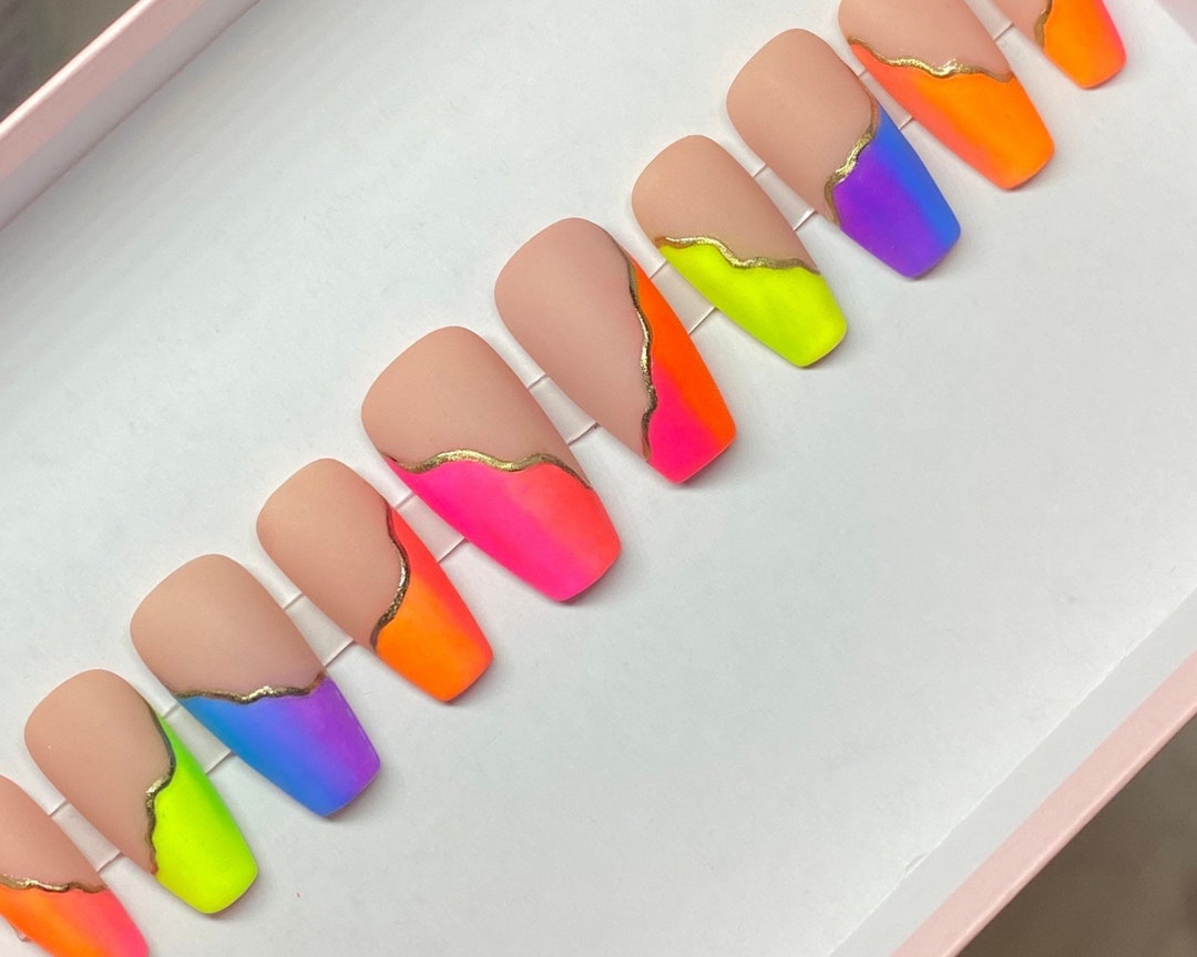 Gold Matte and Neon Rainbow Press on Nails Handmade Press on - Etsy