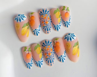 Summer Mediterranean nails, Vacation Nails, Press on Nails, orange and lemon nails