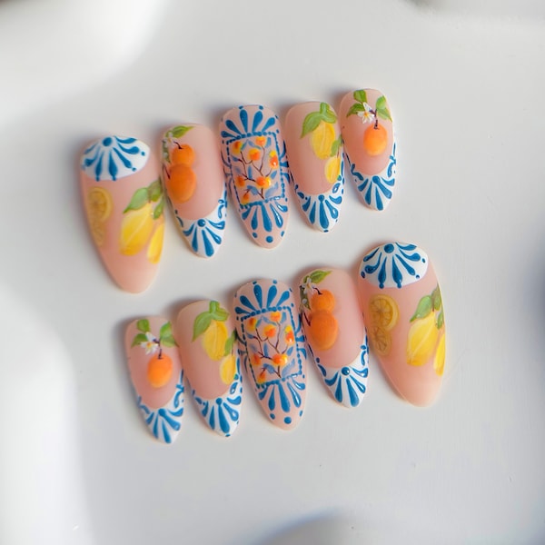 Summer Mediterranean nails, Vacation Nails, Press on Nails, orange and lemon nails