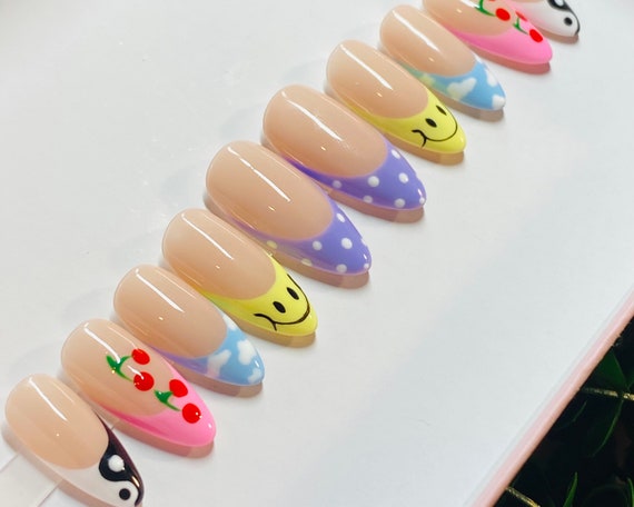 Smiley Summer Nail Set Press On Nailsstiletto Nails False Etsy