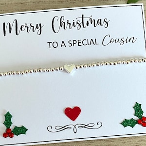 Feliz Natal para uma prima especial, pulseira de coração de contas de prata, pulseira elástica banhada a prata, pulseira de coração, presente para ela, loja do Reino Unido