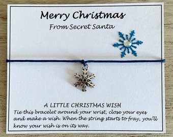 Merry Christmas Silver Snowflake Wish Bracelet from Secret Santa, Snowflake Charm, Unisex Christmas Gift Present, Stocking Filler, UK Shop