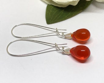 Orange Earrings, Glass Bead Earrings, Orange Silver Jewelry, Czech Glass Teardrop Earrings, Orange Glass Teardrop Earrings, UK shop