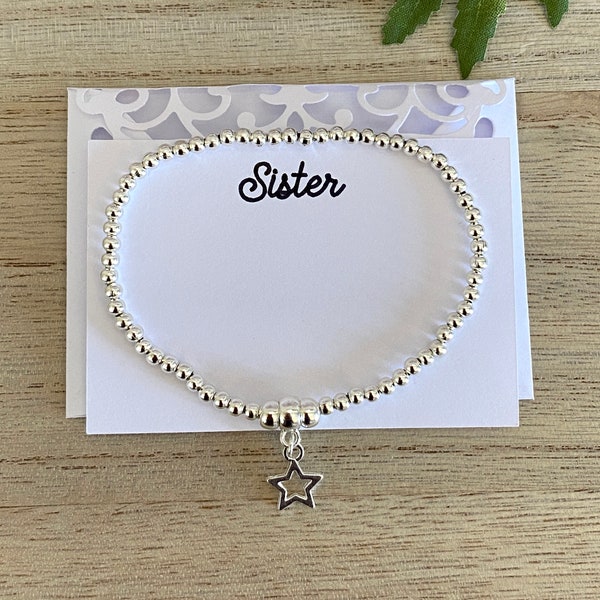 Sister Silver Star Bracelet Gift, Sister Silver Beaded Stacking Bracelet, Silver Plated Stretch Bracelet, Gift for Her, Postal Gift, UK