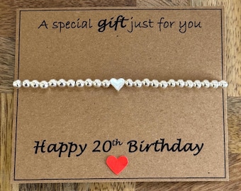 20th Birthday Heart Bracelet, Silver Beaded Stretch Bracelet, Twenty Happy Birthday Bracelet Gift, Stacking Bracelet, 20th Quote Card, UK