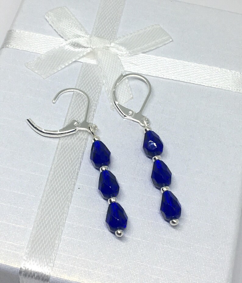 Cobalt Blue Pebble Shaped Frosted Sea Glass Silver Ladies Dangle