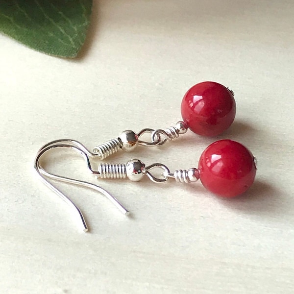 Red Coral Earrings, 7.5 - 8 mm Red Coral Gemstone Earrings, Genuine Red Coral, Gemstone Jewelry, Gift for Her, Sterling Silver Ear wires, Uk