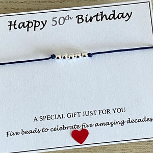 Fiftieth Birthday Silver Beads for 5 Amazing Decades, Adjustable Cord Bracelet, Happy  50th Birthday Bracelet, Mum, Auntie, Nan, Friend