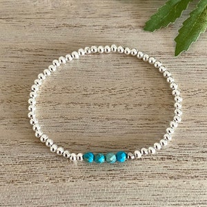 Genuine Turquoise and Silver Bead Stretch Bracelet, Mood Balance-Inner Calm-Anxiety Healing Gemstone, Stacking Bracelet, Gift for Her, UK