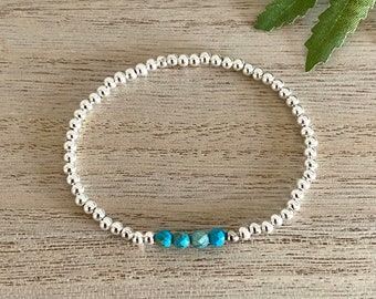 Genuine Turquoise and Silver Bead Stretch Bracelet, Mood Balance-Inner Calm-Anxiety Healing Gemstone, Stacking Bracelet, Gift for Her, UK